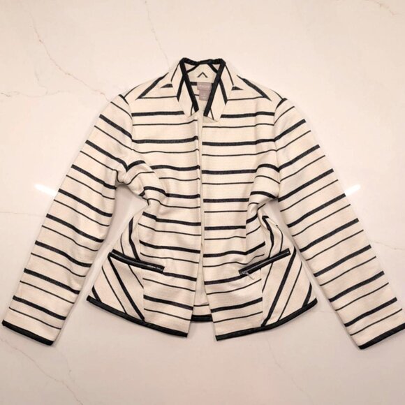 Chico's Blazer Jacket Sz 0 (4/6) Women Black White Open Front Stripe Office Work - Picture 1 of 11